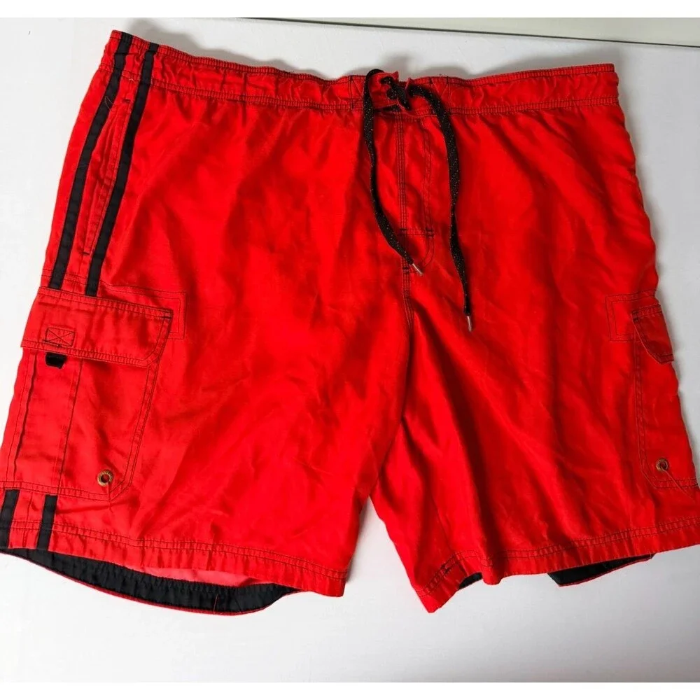 OP Ocean Pacific Mens 3XL 48-50 Red Black Swim Trunks Mesh Lined Cargo